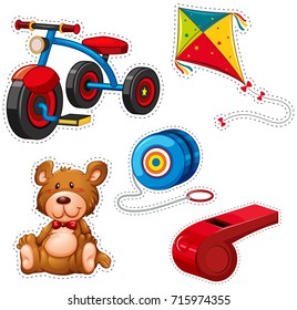 Sticker design with tricycle and other toys illustration