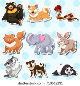 Sticker design with wild animals on blue background illustration