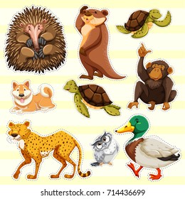 Sticker design for wild animals on yellow background illustration