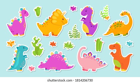 Sticker Dinosaur Cartoon Set. Reptile Flat Collection, Predators And Herbivores Dino, Egg. Funny Colorful Dinosaurs. Baby Design Cute Animals. Vector Illustration Isolated On White Background