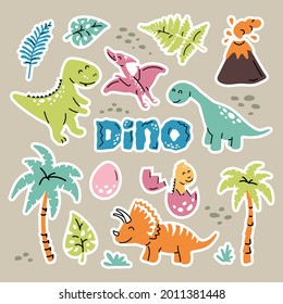 Sticker dinosaur cartoon set. Reptile flat collection, predators and herbivores dino, egg, volcano, palms, plants. Funny colorful dinosaurs. Baby design cute animals. Vector illustration isolated