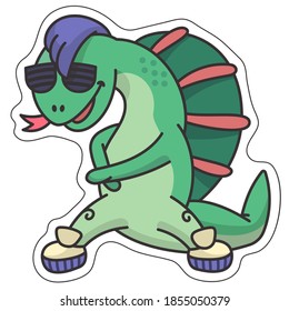 Sticker dinosaur dimetrodon in sneakers. Vector illustration with a cute character dancing to hip-hop music. For use as a sticker or logo.