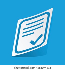 Sticker with document page and tick mark, isolated on blue