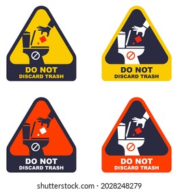 the sticker does not throw the trash into the toilet. set of warning signs for the toilet. flat vector illustration.