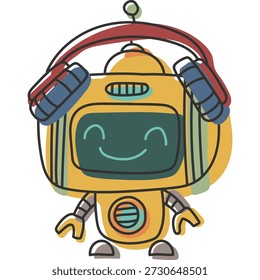 Sticker doodle chat-bot yellow character listening music. Ai robotic avatar retro style illustration