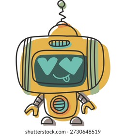Pegatina doodle chat-bot carácter amarillo en el amor. Ilustración de estilo retro de avatar robótico Ai