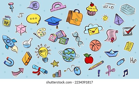 sticker doodles education. Hand drawn vector pattern background back to school with icon symbols. Doodle of foreign language education course for home online training study. EPS10.