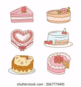 Sticker drawing of strawberry cake. Flat vector drawing cake icon.