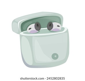 Sticker with earbuds in case. Hand drawn icon of wireless headphones or earphones for listening to music and voice messages. Audio device. Cartoon flat vector illustration isolated on white background