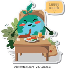 A sticker of Earth is having a healthy lunch