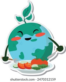 A sticker of Earth icon is having a healthy lunch