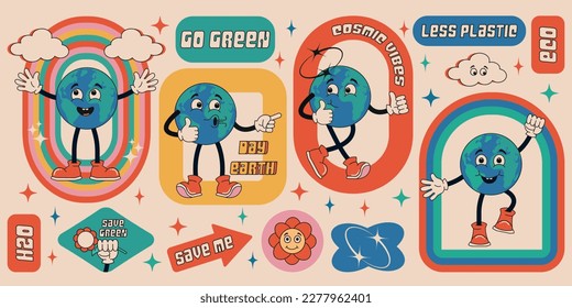 Pegatina pegatina Tierra en estilo de dibujos animados retro y colores de los años 70. Carteles para el Día de la Tierra. Día Mundial del Medio Ambiente. Groovy ilustración vectorial del planeta tierra, globo con cara sonriente. Eco verde