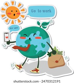 A sticker of Earth is walking on the way to the office