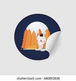 Sticker with easter funny mad rabbit in carrot forest.Cartoon character isolated