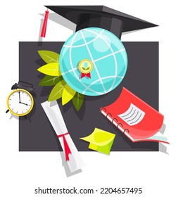 Sticker. Education. Attributes of the student on the background. The globe. Stickers. Diploma. Notebook. Medal.