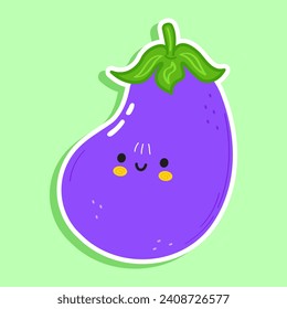 Sticker Eggplant character. Vector hand drawn cartoon kawaii character illustration icon. Isolated on green background. Eggplant character concept