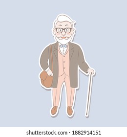 Sticker of an elegant man with a cane.Old men in fashion clothes. Cartoon style vector illustration.