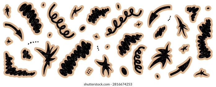 Sticker and element with paper piece star, blobs, arrows shape. Abstract decor sticker with arrows and freeform blob element on white. Vector cutout doodle set isolated for handmade vibe promo design.