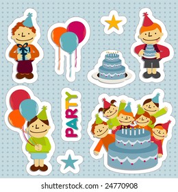 Sticker elements of birthday party with balloons, stars, girls, boys, cakes, flowers and gifts