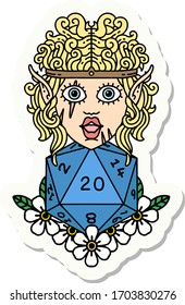 sticker of a elf barbarian character with natural twenty dice roll
