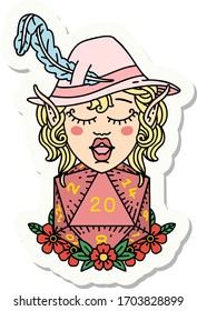 sticker of a elf bard character with natural twenty dice roll