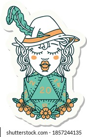 sticker of a elf bard character with natural twenty dice roll