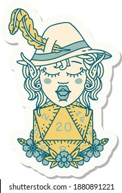 sticker of a elf bard character with natural twenty dice roll