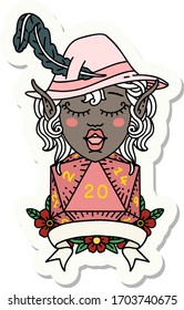 sticker of a elf bard with natural twenty dice roll