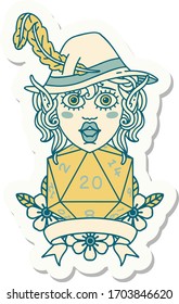 sticker of a elf bard with natural twenty dice roll