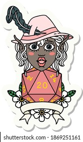 sticker of a elf bard with natural twenty dice roll