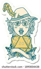 sticker of a elf bard with natural twenty dice roll