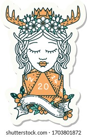 sticker of a elf druid character with natural twenty dice roll