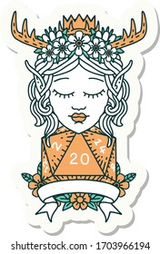 sticker of a elf druid character with natural 20 dice roll