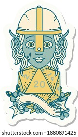sticker of a elf fighter character with natural twenty dice roll
