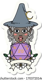 sticker of a elf mage character with natural twenty dice roll