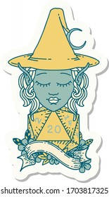 sticker of a elf mage character with natural twenty dice roll