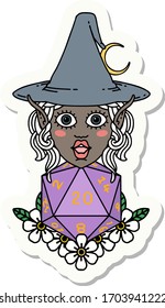 sticker of a elf mage character with natural twenty dice roll