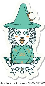 sticker of a elf mage character with natural twenty dice roll