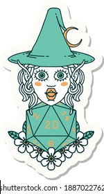 sticker of a elf mage character with natural twenty dice roll