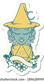 sticker of a elf mage character with natural twenty dice roll