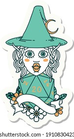 sticker of a elf mage character with natural twenty dice roll