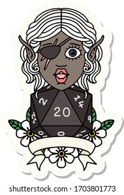 sticker of a elf rogue character with natural twenty dice roll