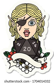 sticker of a elf rogue character with natural twenty dice roll