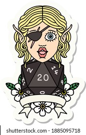 sticker of a elf rogue character with natural twenty dice roll
