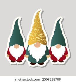 Sticker elfs. Three cute gnomes. Golden hat. Merry Christmas element. For banner, card, package.