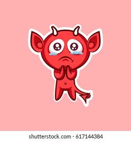 Sticker emoji emoticon, emotion beg, ask, pray, tears in eyes, vector illustration character sweet hellish entity, horned devil, evil spirit, devilry, impure force on pink background for mobile app