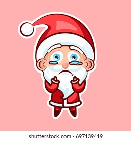 Sticker emoji emoticon, emotion beg, ask, pray, tears in eyes, vector illustration character sweet cute Santa Claus, Father Frost on pink background for Happy New Year and Merry Christmas mobile app