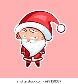 Sticker emoji emoticon, emotion depression, resentment, view from under forehead vector character sweet cute Santa Claus, Father Frost pink background for Happy New Year and Merry Christmas mobile app