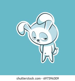 Sticker emoji emoticon, emotion depression, resentment, view from under forehead vector character sweet, cute white rabbit, bunny, hare, coney, cony, lapin for happy Easter mobile app