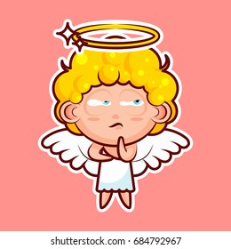 Sticker emoji emoticon emotion Hmm, doubt, thinking vector isolated illustration character sweet divine entity, cute heavenly angel, saint spirit, wings, radiant halo on pink background for mobile app